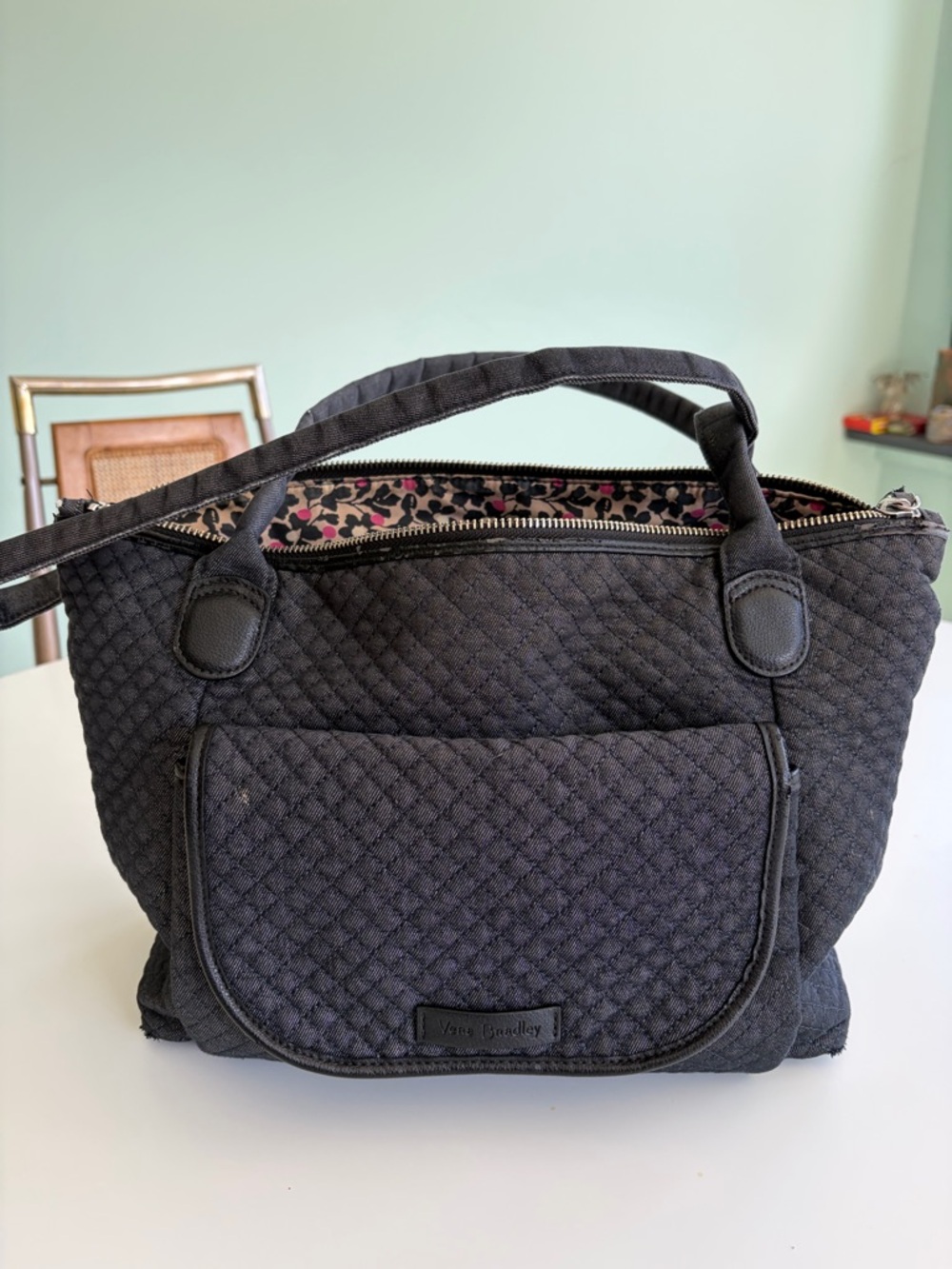 Vera Bradley Black Quilted Tote with Leopard-Print Lining